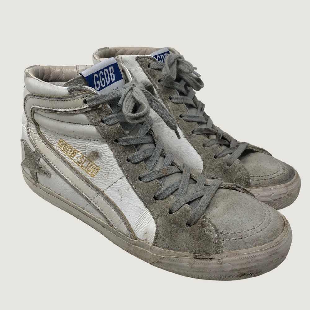 Golden Goose Slide Sneakers Womens 38 White Grey‎ Leather Suede High Top Zip